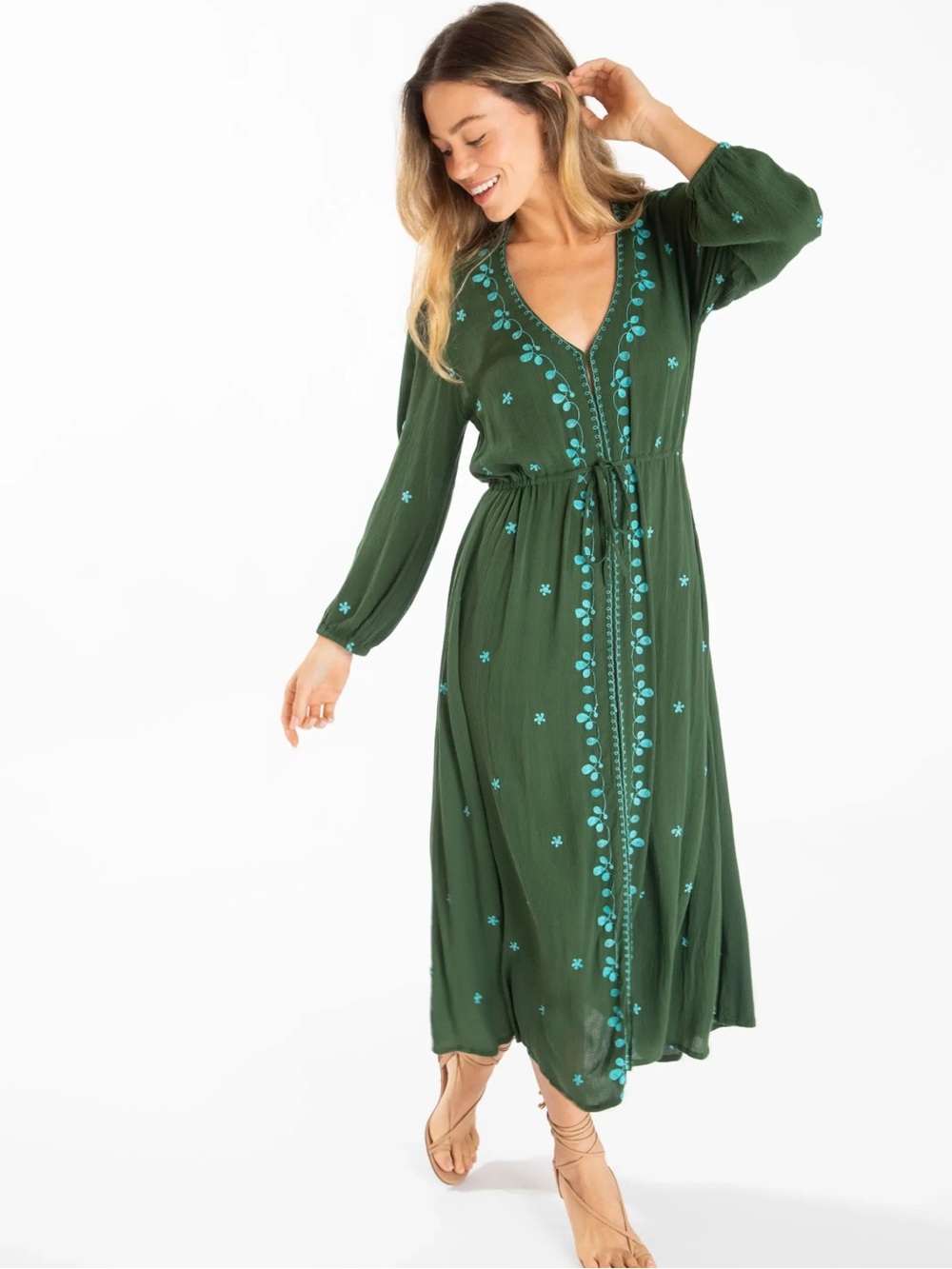 Natural Life Olive Green Brae Embroidered Boho Cottagecore Tie Midi Dress Sz S